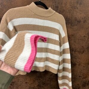 Sincerely Jules Camel Brown Cream Stripe Cropped Sweater Pink Cuff Edge Medium